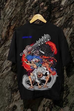 Camiseta Preta One Piece – Luffy, Ace, Yamato e Kaido Algodão fio 30.1     