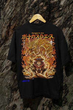 Camiseta Preta One Piece – Portgas D. Ace Algodão fio 30.1     